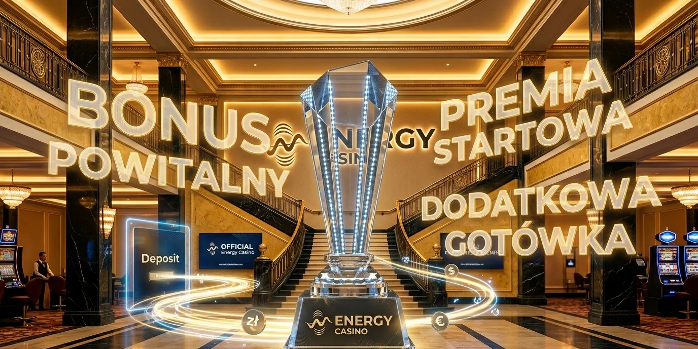 Banner bonusu powitalnego Energy Casino z trofeum